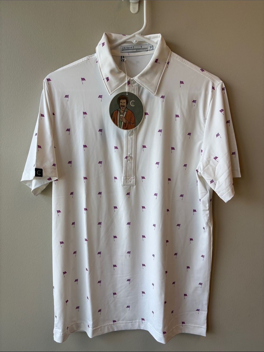 Criquet White Polo with Purple Flag Print